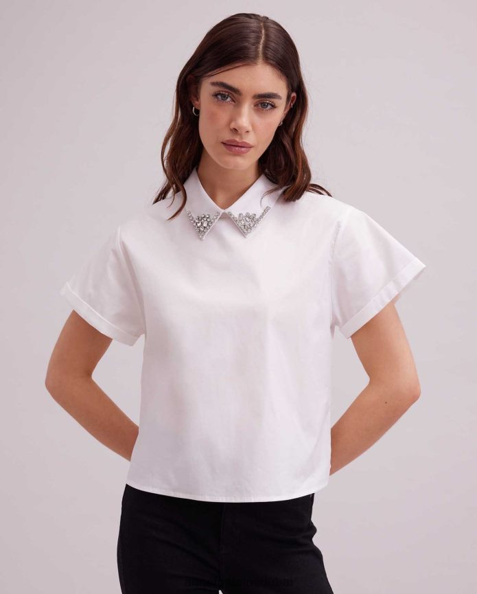 ملابس عبد اللطيف Anne Fontaine نحيف تي شيرت باستيد بأكمام قصيرة مع ياقة مرصعة بالجواهر أبيض T622DL125