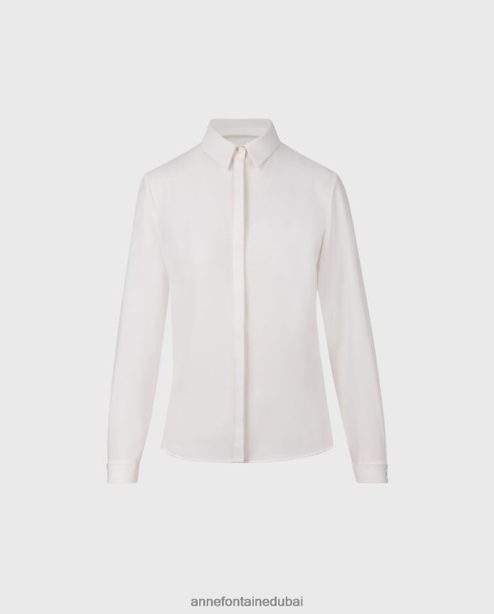 ملابس عبد اللطيف Anne Fontaine نحيف قميص ساجاني قميص كريب بأكمام طويلة مع أساور فرنسية أبيض T622DL127
