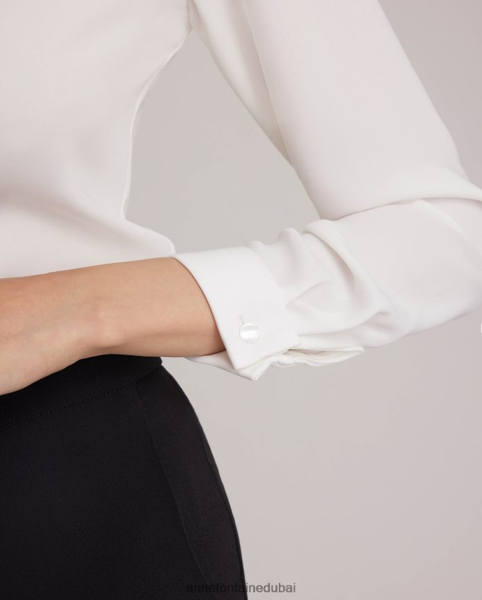 ملابس عبد اللطيف Anne Fontaine نحيف قميص ساجاني قميص كريب بأكمام طويلة مع أساور فرنسية أبيض T622DL127