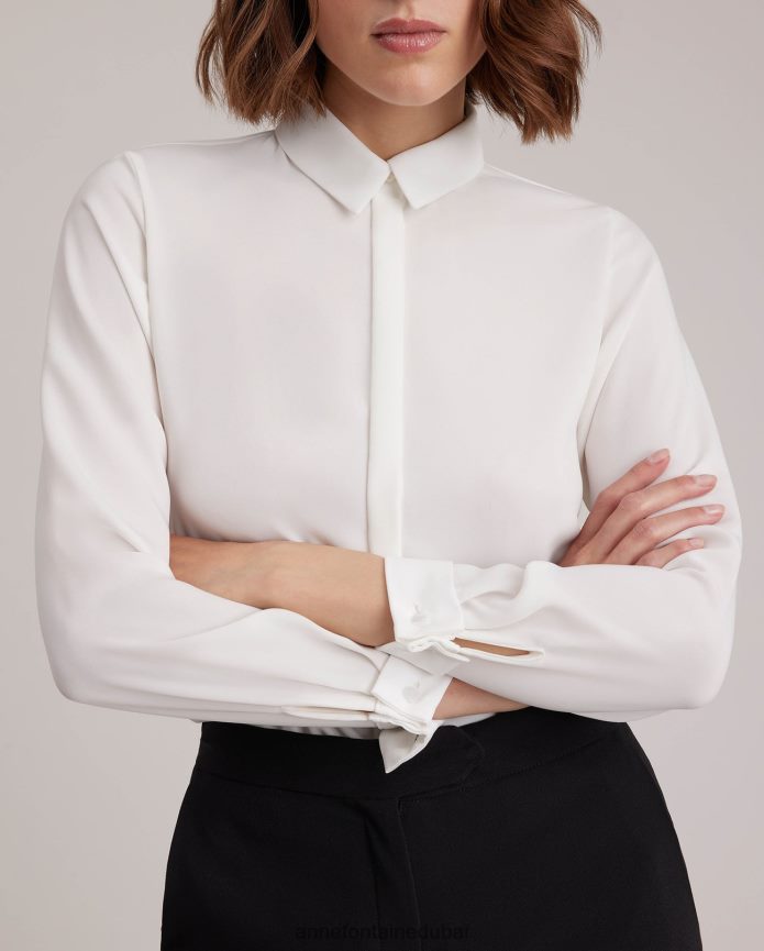 ملابس عبد اللطيف Anne Fontaine نحيف قميص ساجاني قميص كريب بأكمام طويلة مع أساور فرنسية أبيض T622DL127