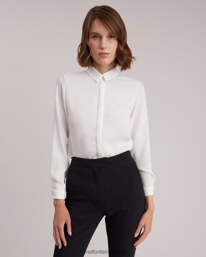 ملابس عبد اللطيف Anne Fontaine نحيف قميص ساجاني قميص كريب بأكمام طويلة مع أساور فرنسية أبيض T622DL127