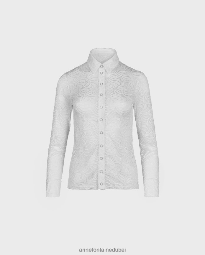 ملابس عبد اللطيف Anne Fontaine نحيف قميص أتيليه بأكمام طويلة وأزرار سفلية من الدانتيل أبيض T622DL128