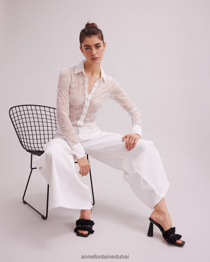 ملابس عبد اللطيف Anne Fontaine نحيف قميص أتيليه بأكمام طويلة وأزرار سفلية من الدانتيل أبيض T622DL128