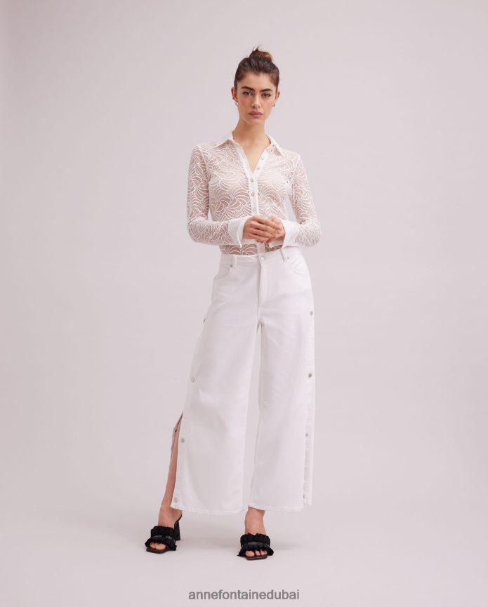 ملابس عبد اللطيف Anne Fontaine نحيف قميص أتيليه بأكمام طويلة وأزرار سفلية من الدانتيل أبيض T622DL128