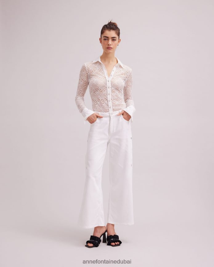 ملابس عبد اللطيف Anne Fontaine نحيف قميص أتيليه بأكمام طويلة وأزرار سفلية من الدانتيل أبيض T622DL128