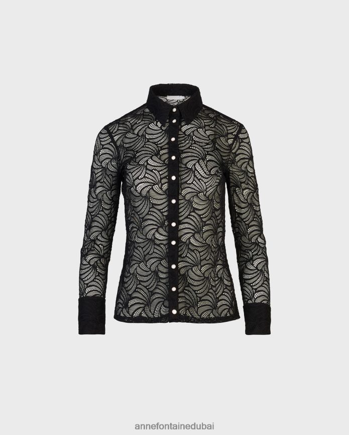 ملابس عبد اللطيف Anne Fontaine نحيف قميص أتيليه بأكمام طويلة وأزرار سفلية من الدانتيل أسود T622DL129
