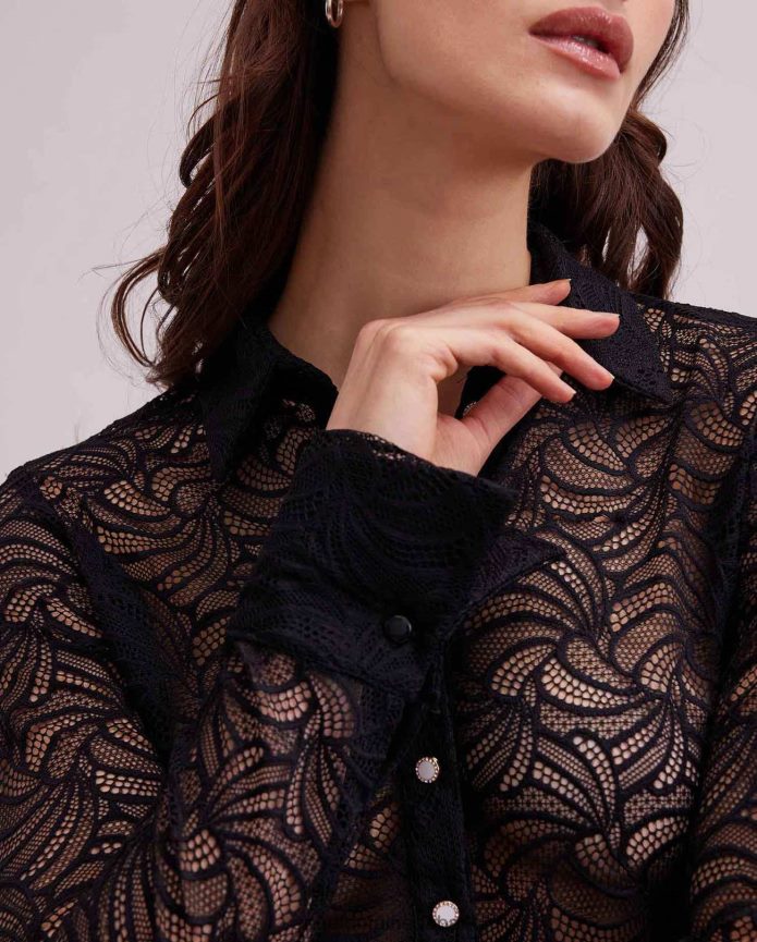 ملابس عبد اللطيف Anne Fontaine نحيف قميص أتيليه بأكمام طويلة وأزرار سفلية من الدانتيل أسود T622DL129