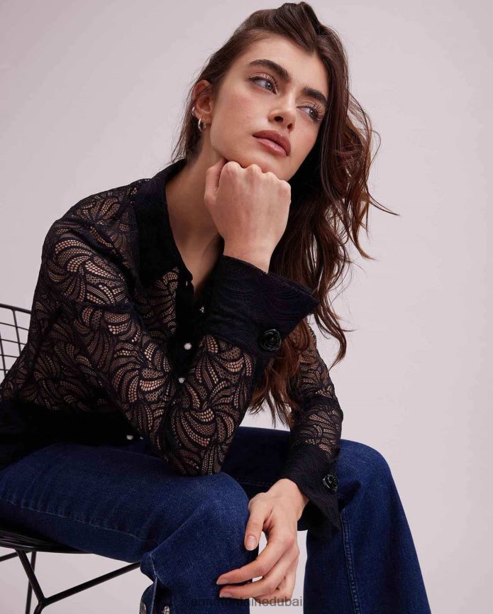 ملابس عبد اللطيف Anne Fontaine نحيف قميص أتيليه بأكمام طويلة وأزرار سفلية من الدانتيل أسود T622DL129