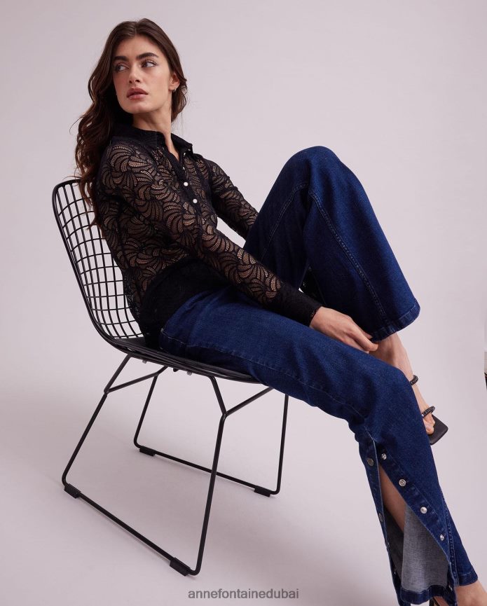 ملابس عبد اللطيف Anne Fontaine نحيف قميص أتيليه بأكمام طويلة وأزرار سفلية من الدانتيل أسود T622DL129