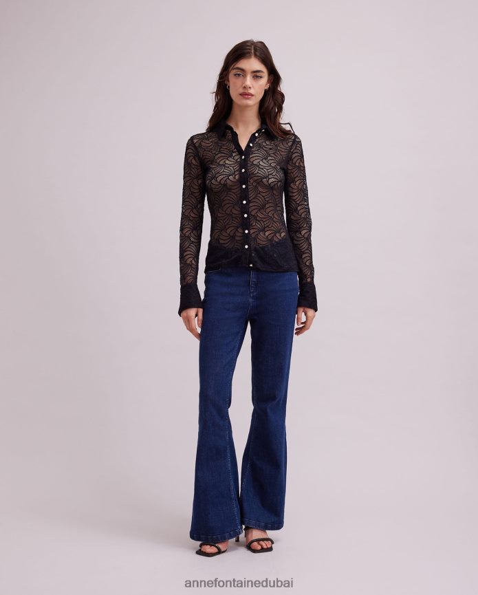 ملابس عبد اللطيف Anne Fontaine نحيف قميص أتيليه بأكمام طويلة وأزرار سفلية من الدانتيل أسود T622DL129