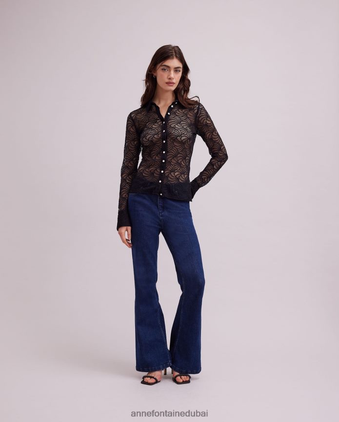 ملابس عبد اللطيف Anne Fontaine نحيف قميص أتيليه بأكمام طويلة وأزرار سفلية من الدانتيل أسود T622DL129