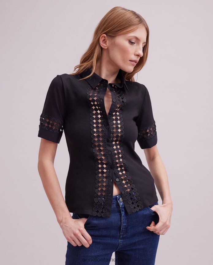 ملابس عبد اللطيف Anne Fontaine نحيف قميص بابلو قميص قصير الأكمام مع تفاصيل الدانتيل المفتوحة أسود T622DL130