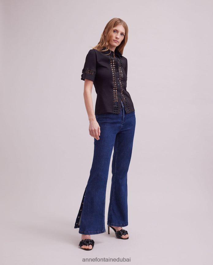 ملابس عبد اللطيف Anne Fontaine نحيف قميص بابلو قميص قصير الأكمام مع تفاصيل الدانتيل المفتوحة أسود T622DL130