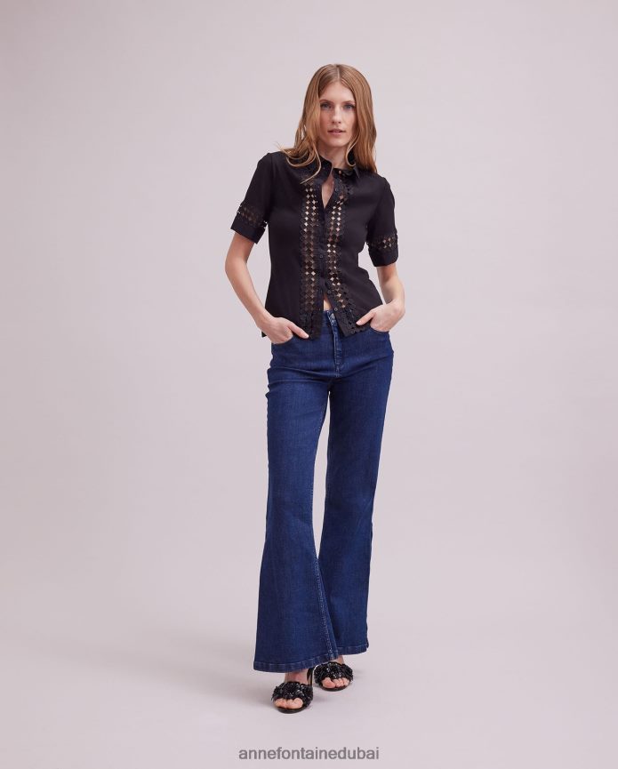 ملابس عبد اللطيف Anne Fontaine نحيف قميص بابلو قميص قصير الأكمام مع تفاصيل الدانتيل المفتوحة أسود T622DL130