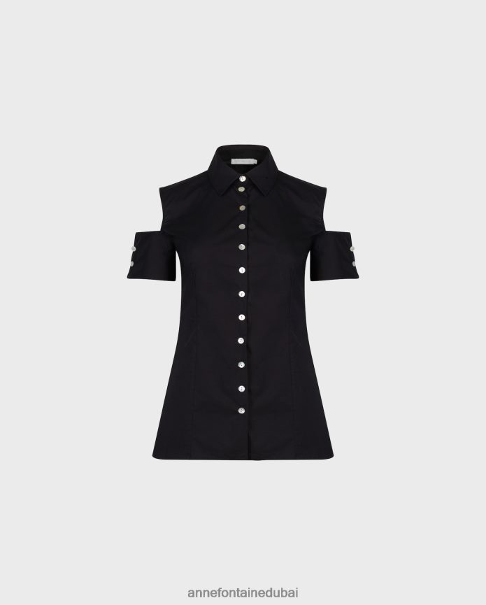 ملابس عبد اللطيف Anne Fontaine نحيف قميص مجردة قميص البوبلين الكتف البارد مع أزرار اللؤلؤ أسود T622DL131