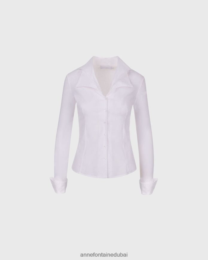 ملابس عبد اللطيف Anne Fontaine نحيف قميص كريستي بأكمام طويلة وياقة مزدوجة تي شيرت أبيض T622DL133