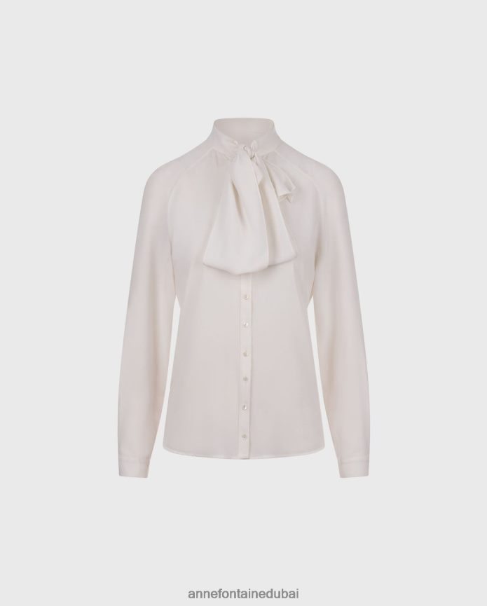 ملابس عبد اللطيف Anne Fontaine نحيف قميص سانتانا قميص كريب مع ياقة ربطة عنق معقودة أبيض T622DL136