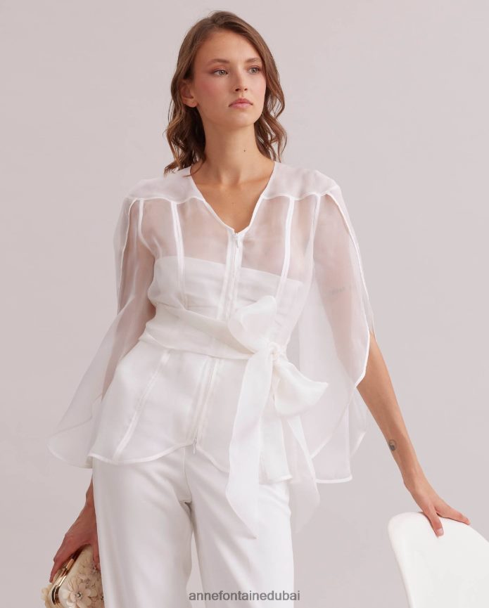 ملابس عبد اللطيف Anne Fontaine نحيف بلوزة فاخرة بأكمام طويلة بلوزة شفافة بأكمام بتلات أبيض T622DL137