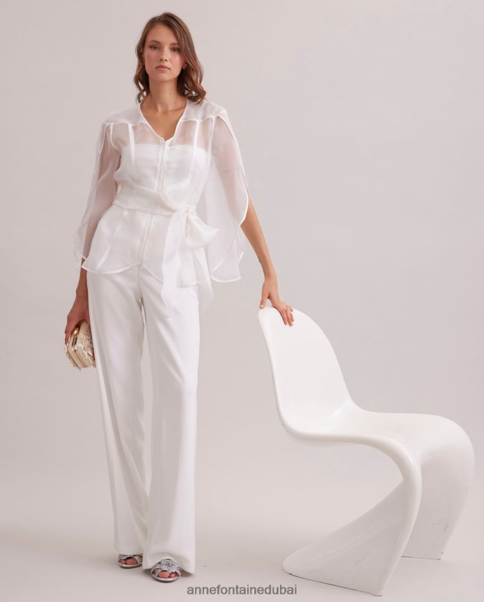 ملابس عبد اللطيف Anne Fontaine نحيف بلوزة فاخرة بأكمام طويلة بلوزة شفافة بأكمام بتلات أبيض T622DL137