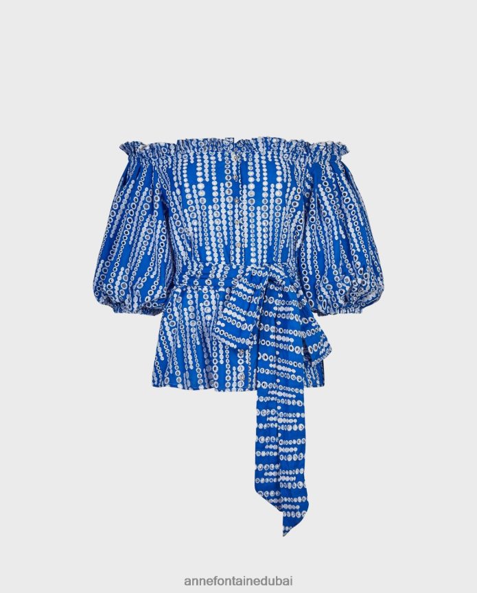 ملابس عبد اللطيف Anne Fontaine نحيف بلوزة بيكاسين وأعلى عروة الكتف مع حزام الخصر التعادل ابيض ازرق T622DL138