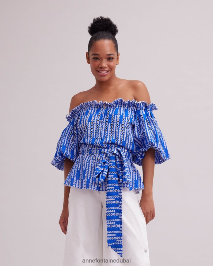 ملابس عبد اللطيف Anne Fontaine نحيف بلوزة بيكاسين وأعلى عروة الكتف مع حزام الخصر التعادل ابيض ازرق T622DL138