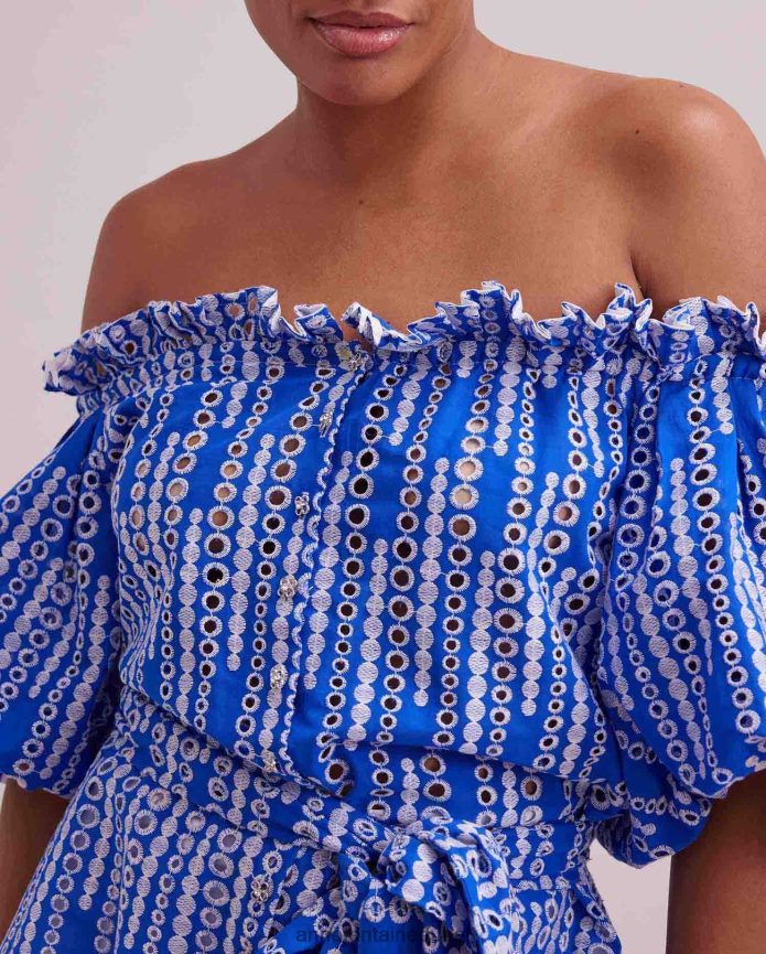 ملابس عبد اللطيف Anne Fontaine نحيف بلوزة بيكاسين وأعلى عروة الكتف مع حزام الخصر التعادل ابيض ازرق T622DL138