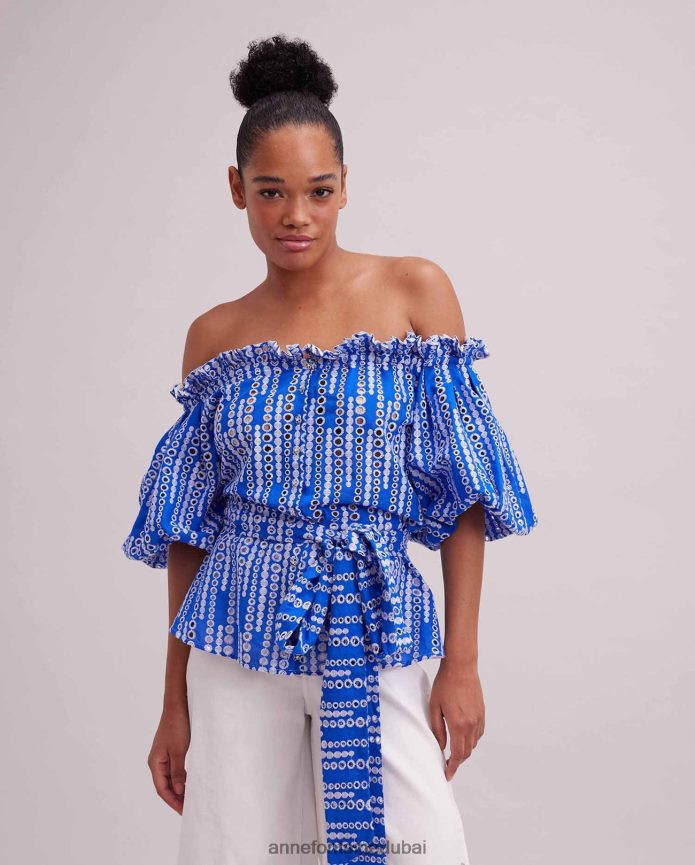 ملابس عبد اللطيف Anne Fontaine نحيف بلوزة بيكاسين وأعلى عروة الكتف مع حزام الخصر التعادل ابيض ازرق T622DL138