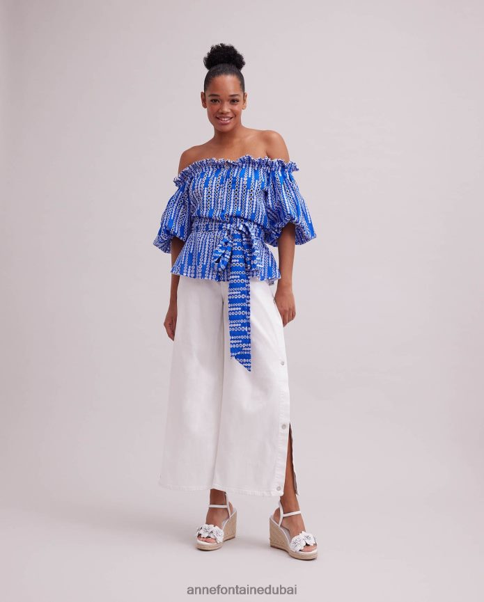 ملابس عبد اللطيف Anne Fontaine نحيف بلوزة بيكاسين وأعلى عروة الكتف مع حزام الخصر التعادل ابيض ازرق T622DL138