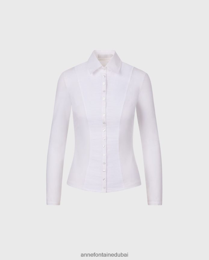 ملابس عبد اللطيف Anne Fontaine نحيف قميص كلودي وبلوزة مطوية ومُصممة خصيصًا من جيرسي بيما أبيض T622DL139