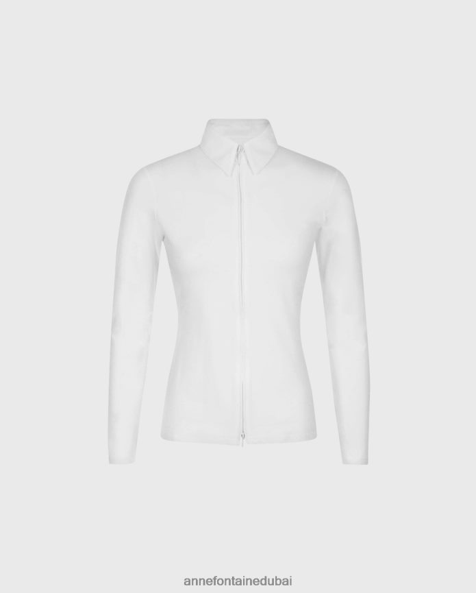 ملابس عبد اللطيف Anne Fontaine نحيف قميص داريان توب بيما جيرسي بسحاب أمامي أبيض T622DL145