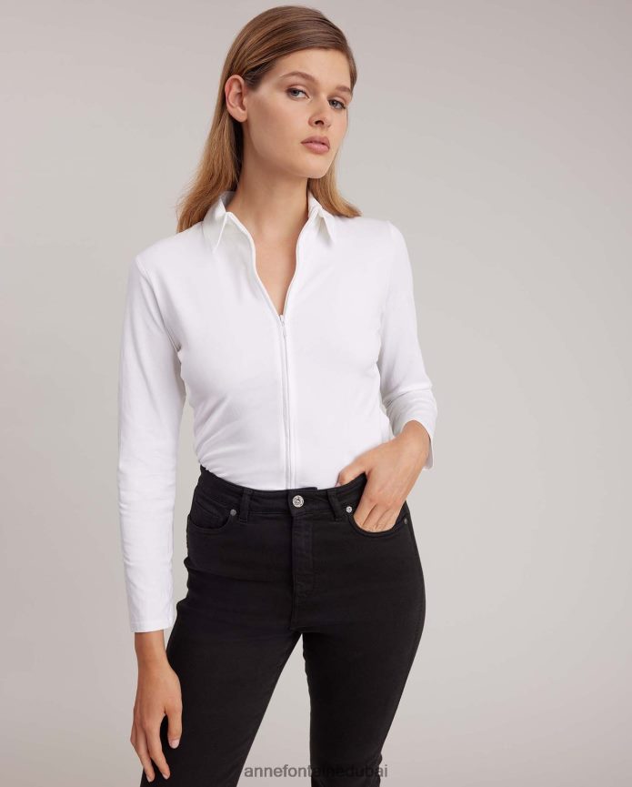 ملابس عبد اللطيف Anne Fontaine نحيف قميص داريان توب بيما جيرسي بسحاب أمامي أبيض T622DL145