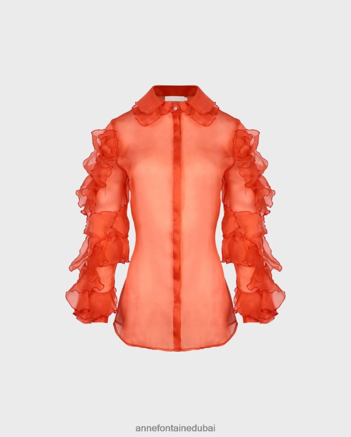 ملابس عبد اللطيف Anne Fontaine نحيف قميص لينور قميص الأورجانزا الحريري الشفاف بأكمام كشكش البرتقالي T622DL148