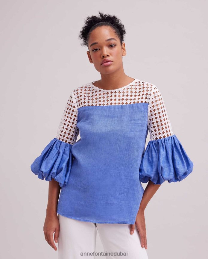 ملابس عبد اللطيف Anne Fontaine نحيف بلوزة سارييت من الكتان مع تفاصيل دانتيل مخرمة وأكمام مكشكشة أزرق T622DL151