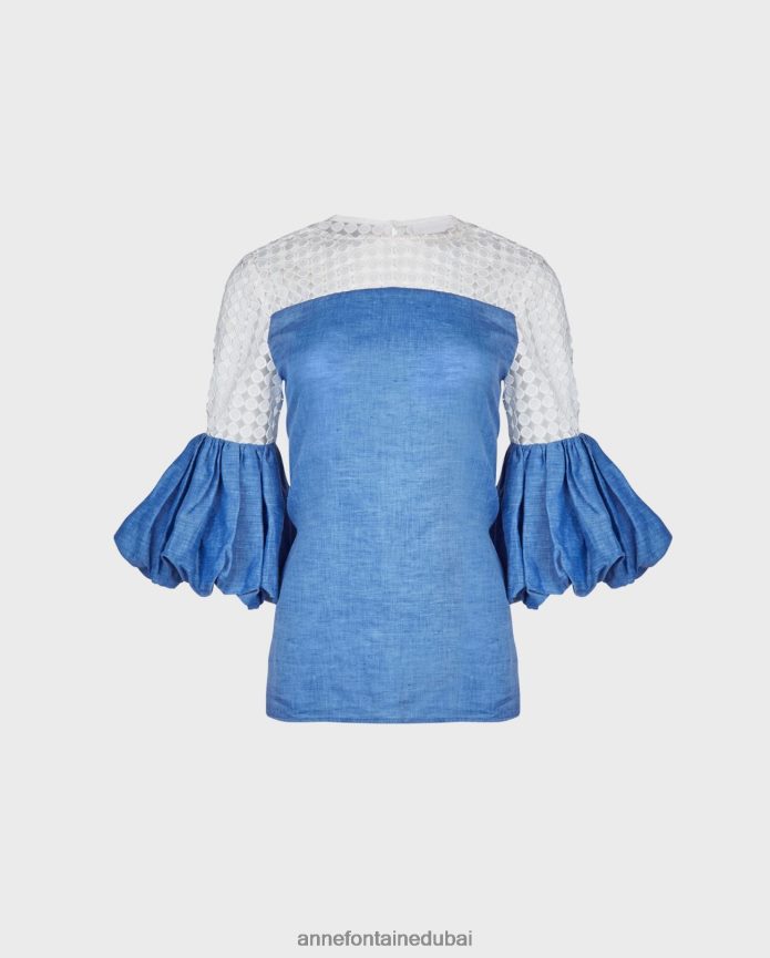 ملابس عبد اللطيف Anne Fontaine نحيف بلوزة سارييت من الكتان مع تفاصيل دانتيل مخرمة وأكمام مكشكشة أزرق T622DL151