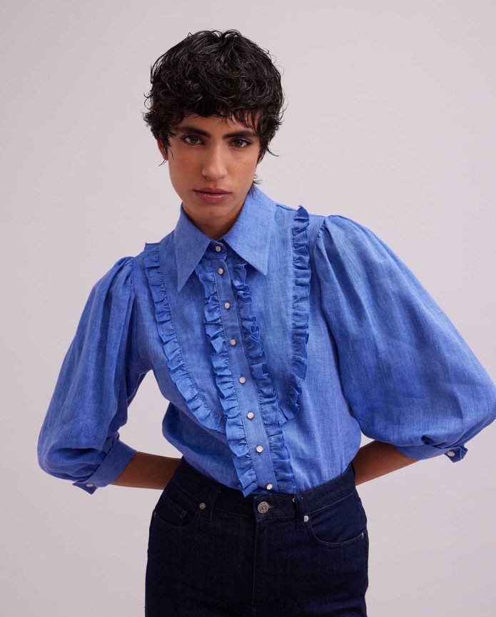 ملابس عبد اللطيف Anne Fontaine نحيف قميص أوليفييه مع تفاصيل كشكش صغيرة الدنيم T622DL153