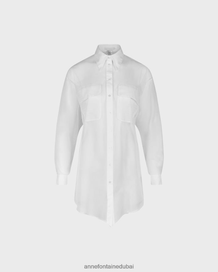 ملابس عبد اللطيف Anne Fontaine نحيف قميص برازيليا قميص شفاف كبير الحجم مع جيوب بغطاء قلاب أبيض T622DL158