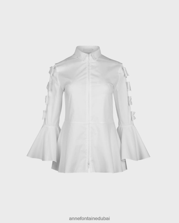 ملابس عبد اللطيف Anne Fontaine نحيف قميص من قماش البوبلين مع حاشية بيبلوم وتفاصيل فيونكة أبيض T622DL159