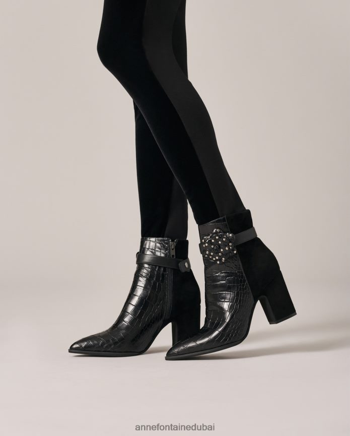 أحذية عبد اللطيف Anne Fontaine نحيف حذاء جيسون كروكو مصنوع من جلد التمساح وأحذية من جلد الغزال أسود T622DL15