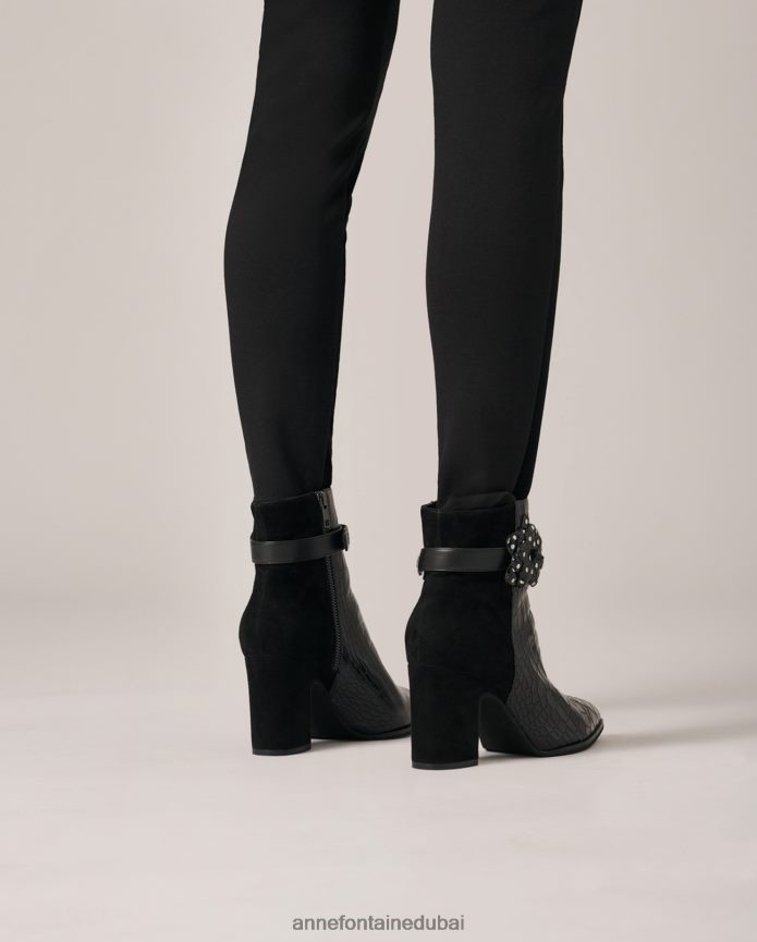 أحذية عبد اللطيف Anne Fontaine نحيف حذاء جيسون كروكو مصنوع من جلد التمساح وأحذية من جلد الغزال أسود T622DL15