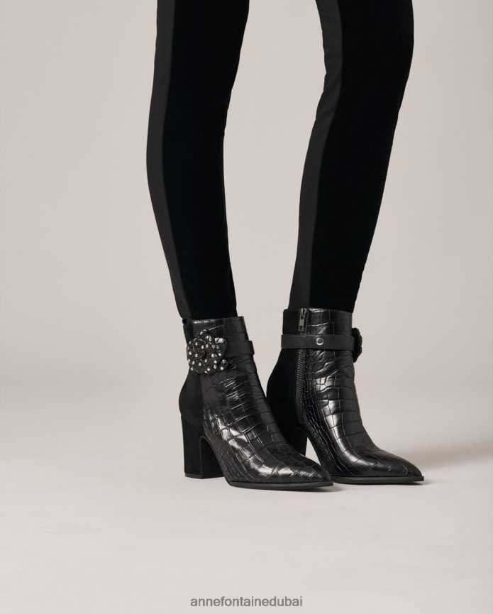 أحذية عبد اللطيف Anne Fontaine نحيف حذاء جيسون كروكو مصنوع من جلد التمساح وأحذية من جلد الغزال أسود T622DL15