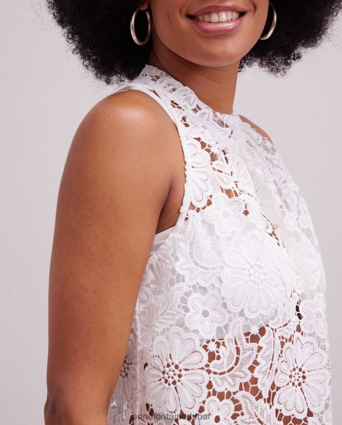 ملابس عبد اللطيف Anne Fontaine نحيف بلوزة دانتيل مطرزة بدون أكمام مع فتحة رقبة عالية أبيض T622DL162