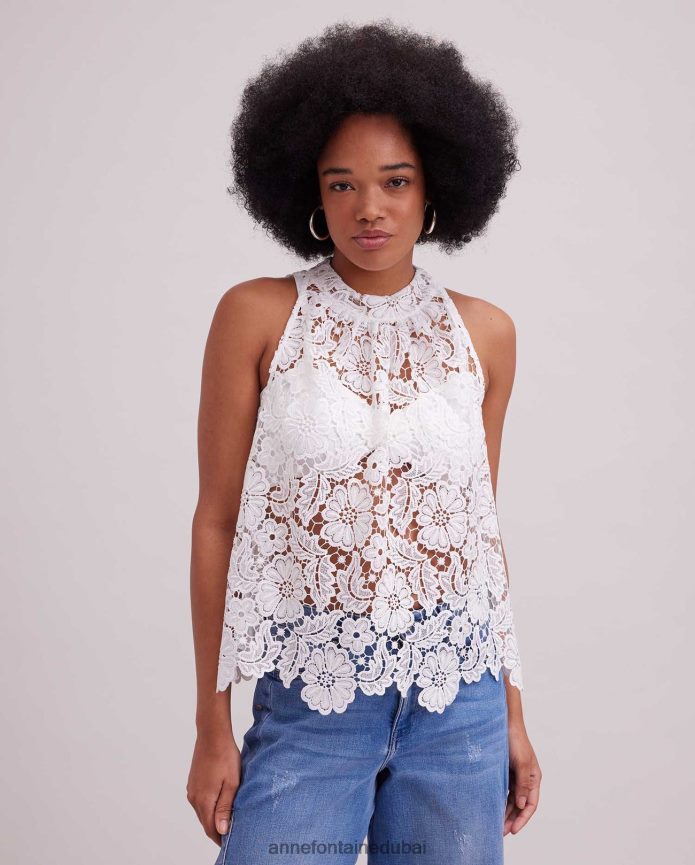 ملابس عبد اللطيف Anne Fontaine نحيف بلوزة دانتيل مطرزة بدون أكمام مع فتحة رقبة عالية أبيض T622DL162