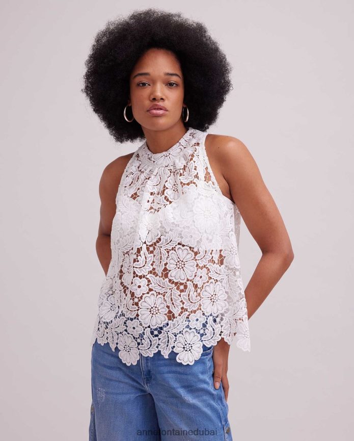 ملابس عبد اللطيف Anne Fontaine نحيف بلوزة دانتيل مطرزة بدون أكمام مع فتحة رقبة عالية أبيض T622DL162