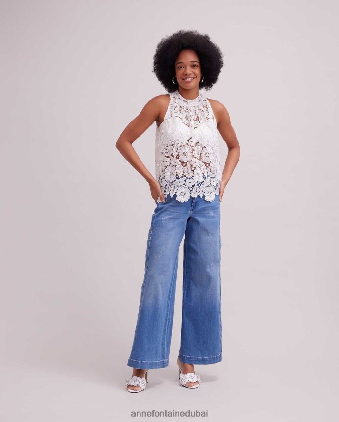 ملابس عبد اللطيف Anne Fontaine نحيف بلوزة دانتيل مطرزة بدون أكمام مع فتحة رقبة عالية أبيض T622DL162