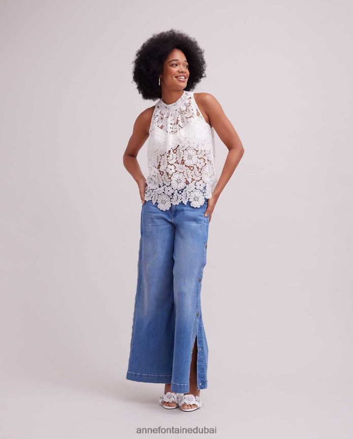 ملابس عبد اللطيف Anne Fontaine نحيف بلوزة دانتيل مطرزة بدون أكمام مع فتحة رقبة عالية أبيض T622DL162