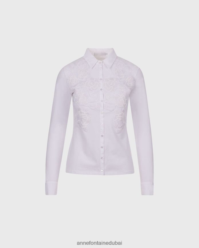 ملابس عبد اللطيف Anne Fontaine نحيف قميص فياني قميص بيما جيرسي مزين بالزهور أبيض T622DL164