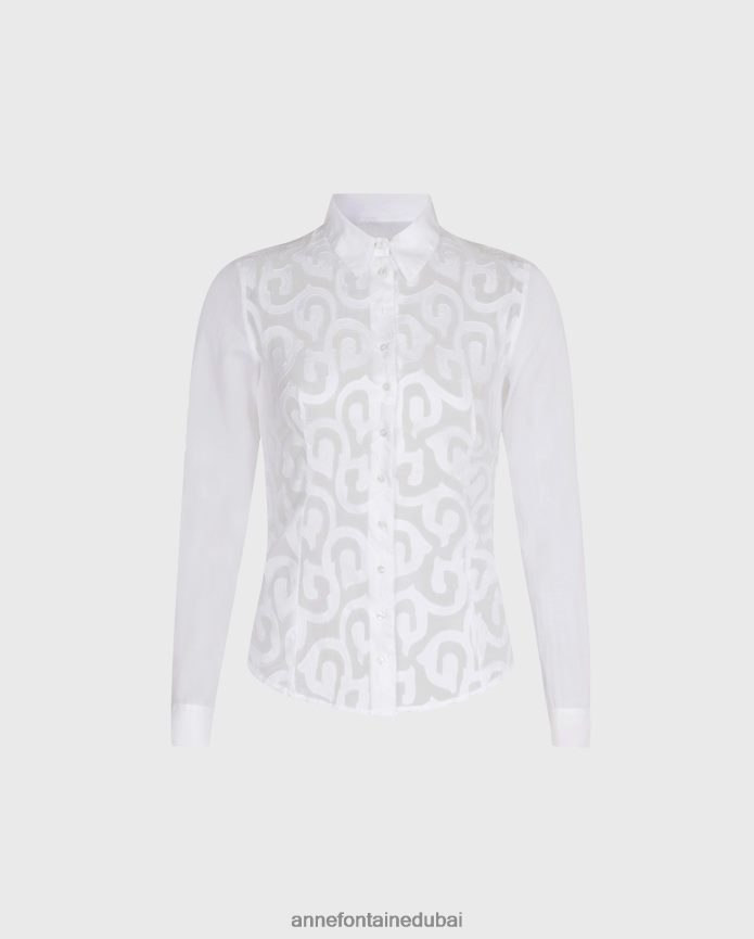 ملابس عبد اللطيف Anne Fontaine نحيف قميص إرمين قميص قطني مطاطي بتصميم أرابيسك أبيض T622DL165