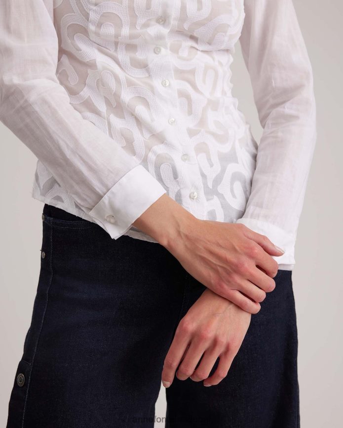 ملابس عبد اللطيف Anne Fontaine نحيف قميص إرمين قميص قطني مطاطي بتصميم أرابيسك أبيض T622DL165