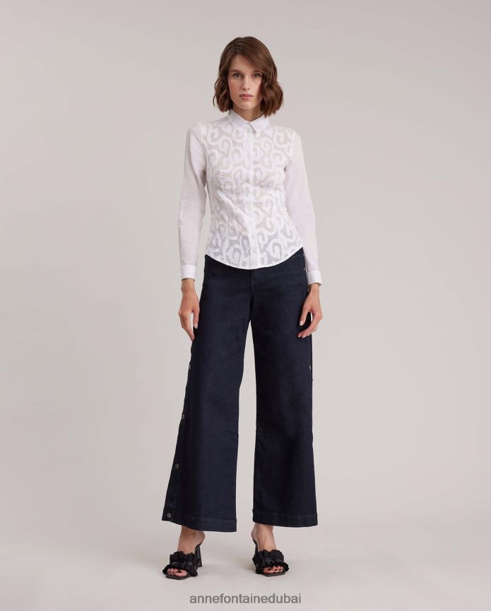 ملابس عبد اللطيف Anne Fontaine نحيف قميص إرمين قميص قطني مطاطي بتصميم أرابيسك أبيض T622DL165