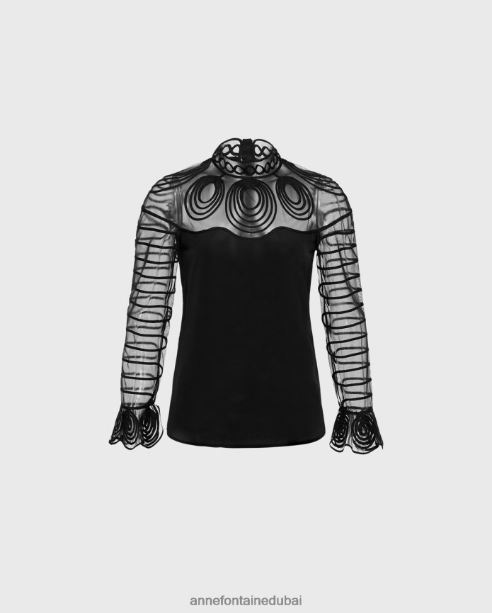 ملابس عبد اللطيف Anne Fontaine نحيف بلوزة شايلين بلوزة حريرية بأكمام طويلة وأساور مكشكشة أسود T622DL166